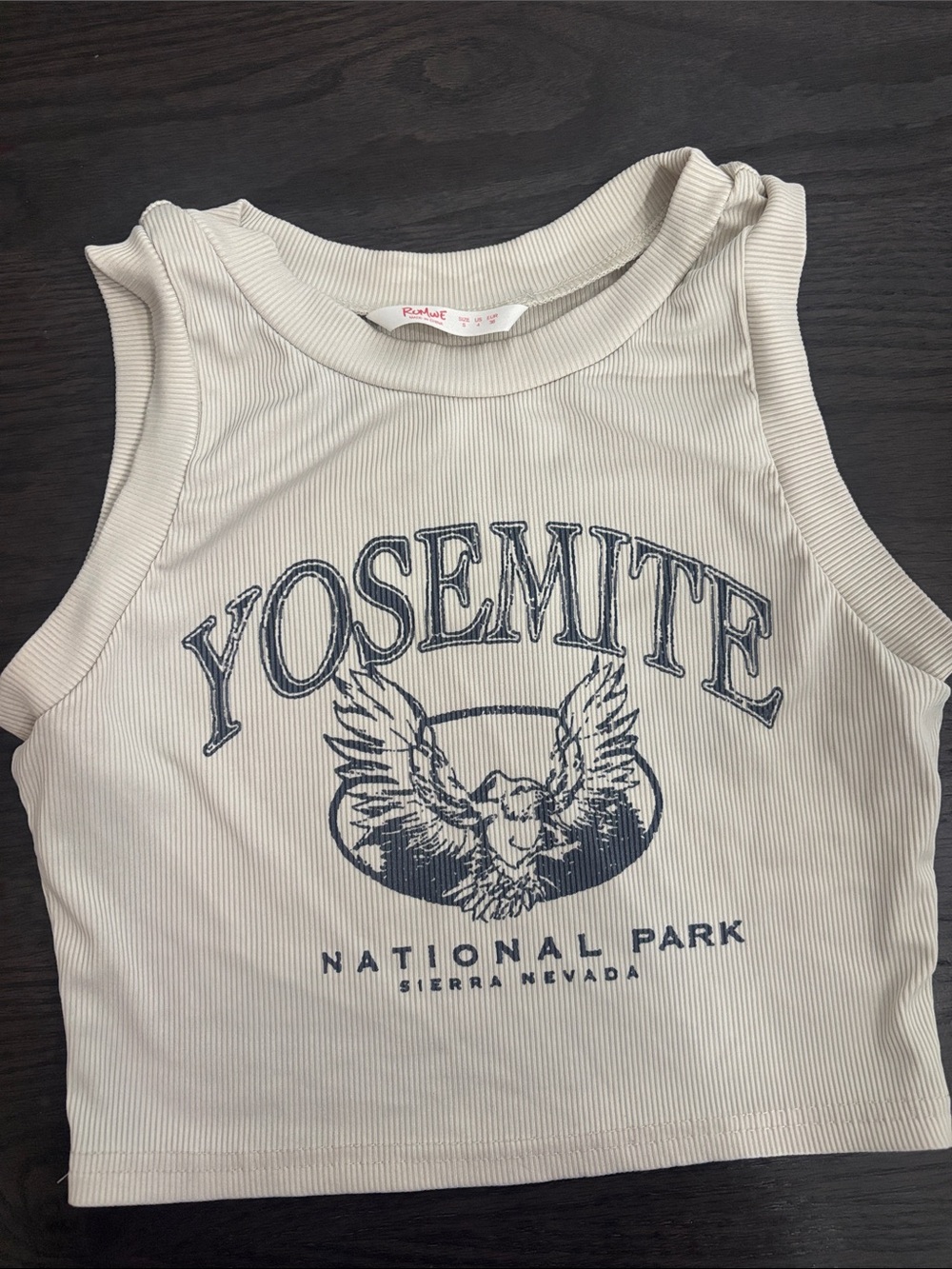 ROMWE Cream Ribbed Yosemite Graphic Crop Tank